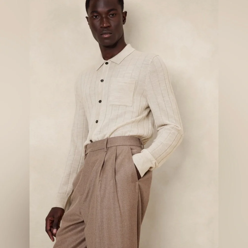 NWT Banana Republic Heather Oatmeal Merino Sweater Polo Size Large Tall.